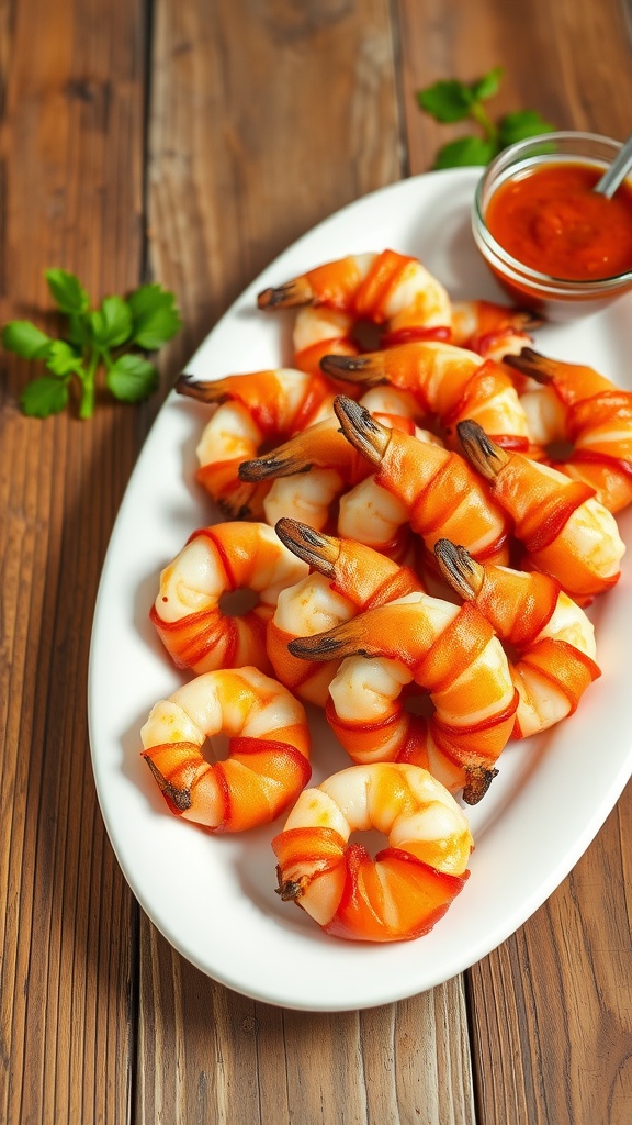 A platter of golden-brown bacon-wrapped shrimp with dipping sauce, set on a rustic wooden table.
